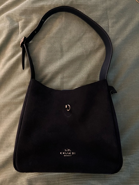 Coach Handbags - Coach Navy Suede Shoulder Bag with Polished Logo